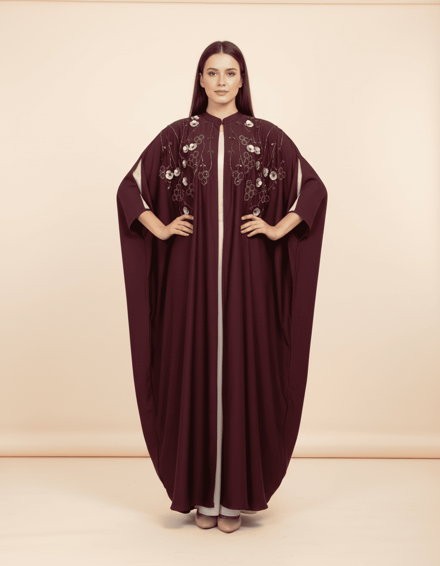 E2-6 – Deep Burgundy Embellished Cape Ensemble