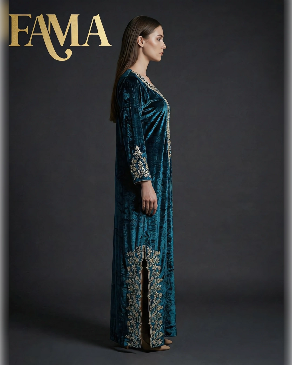 Teal Velvet Embroidered Kaftan Dress DP 1