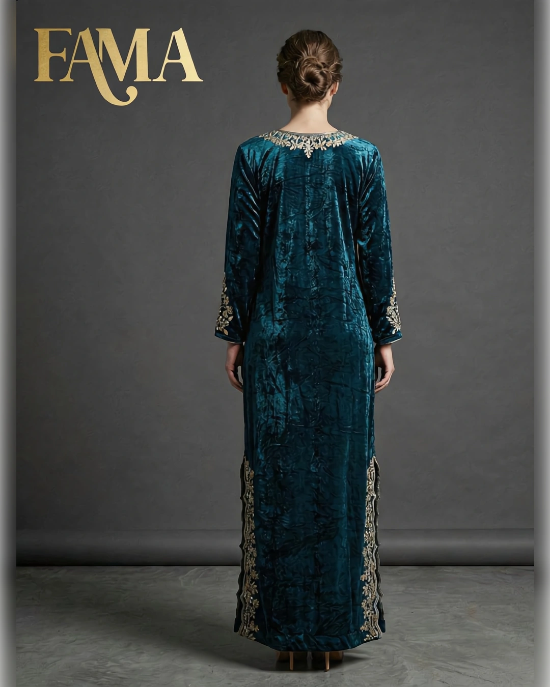 Teal Velvet Embroidered Kaftan Dress DP 1