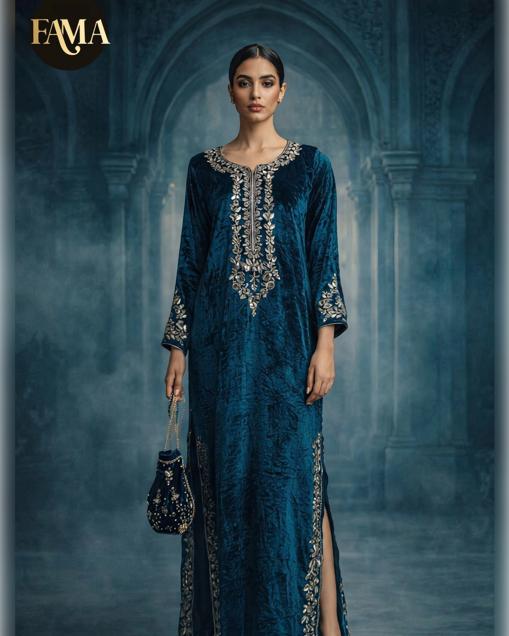 Teal Velvet Embroidered Kaftan Dress DP 1