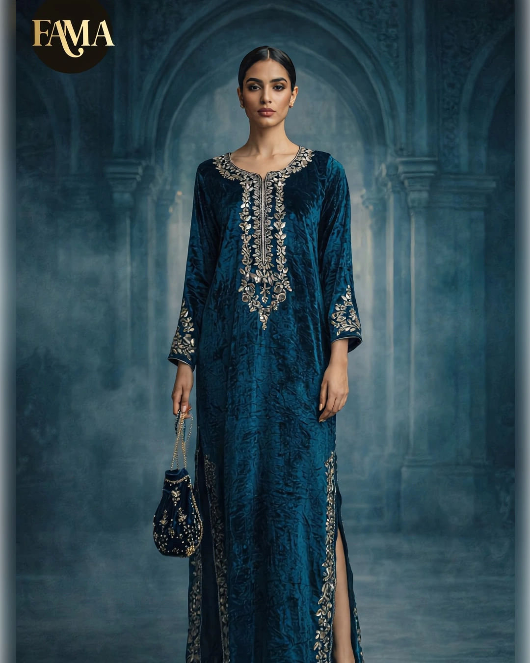 Teal Velvet Embroidered Kaftan Dress DP 1