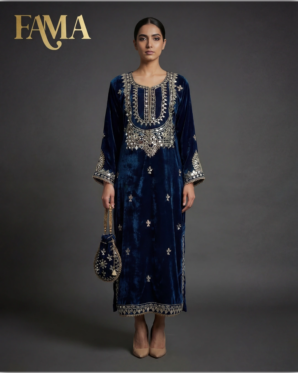 Midnight Blue Velvet Embroidered Kaftan AA2 3