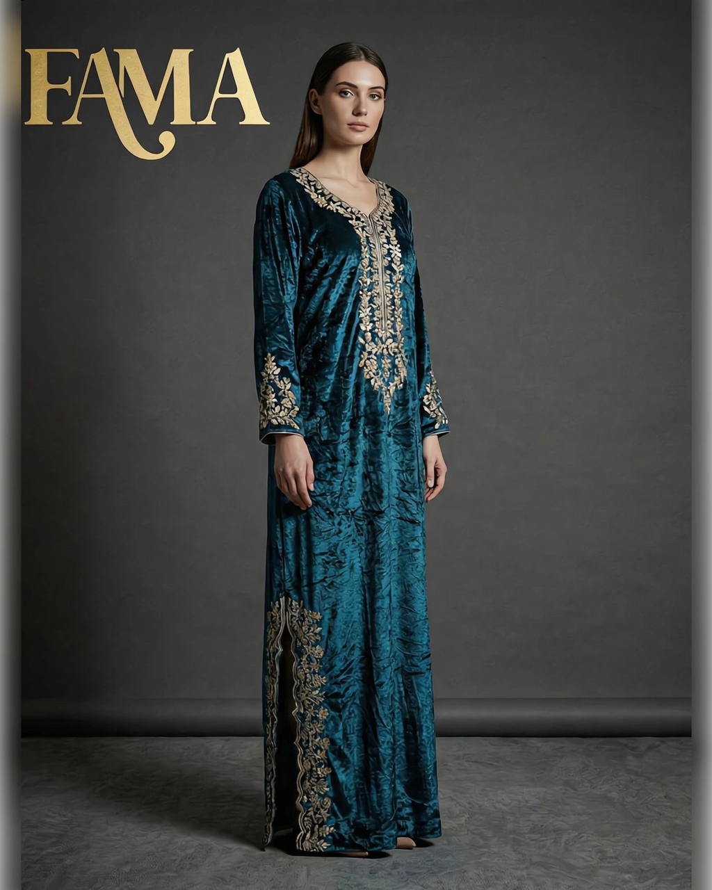 Teal Velvet Embroidered Kaftan Dress DP 1