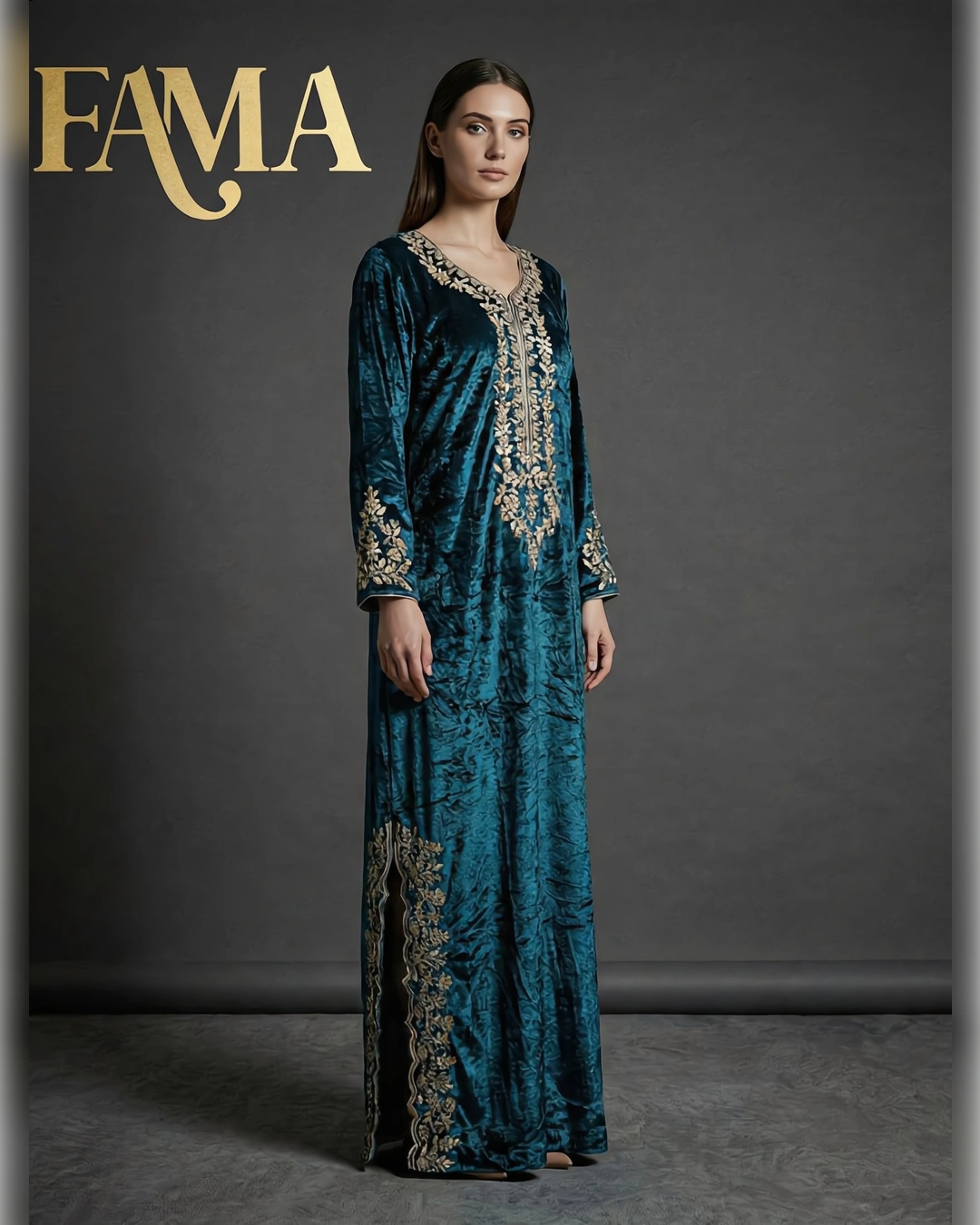 Teal Velvet Embroidered Kaftan Dress DP 1
